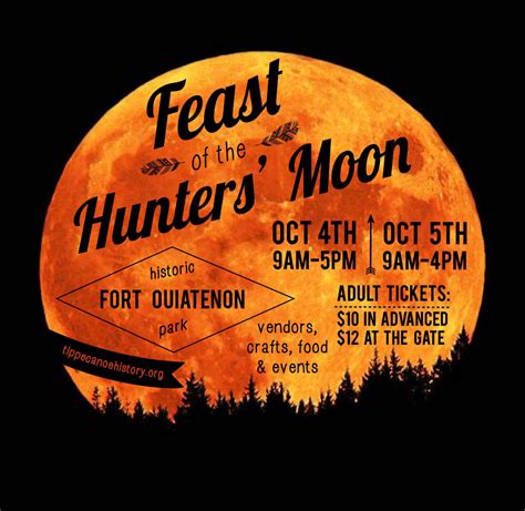 Feast of the hunters moon - October 2, 2022 @ 9:00 AM - 4:00 PM EDT. The Tippecanoe County Historical Association of Lafayette, Indiana, in cooperation with the Tippecanoe County Park and Recreation Department, will be sponsoring the 55th annual Feast of the Hunters’ Moon festival on October 1 & 2. Hours are Saturday 9am to 5pm E.D.T. and Sunday 9am to 4pm E.D.T.